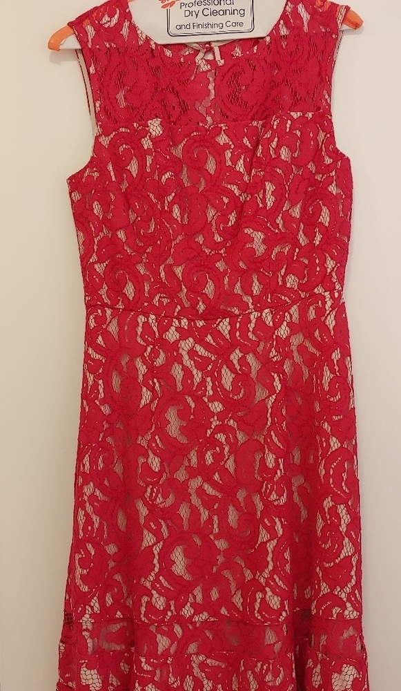 Adrianna Papell Coral Red Nude Floral Lace Dress